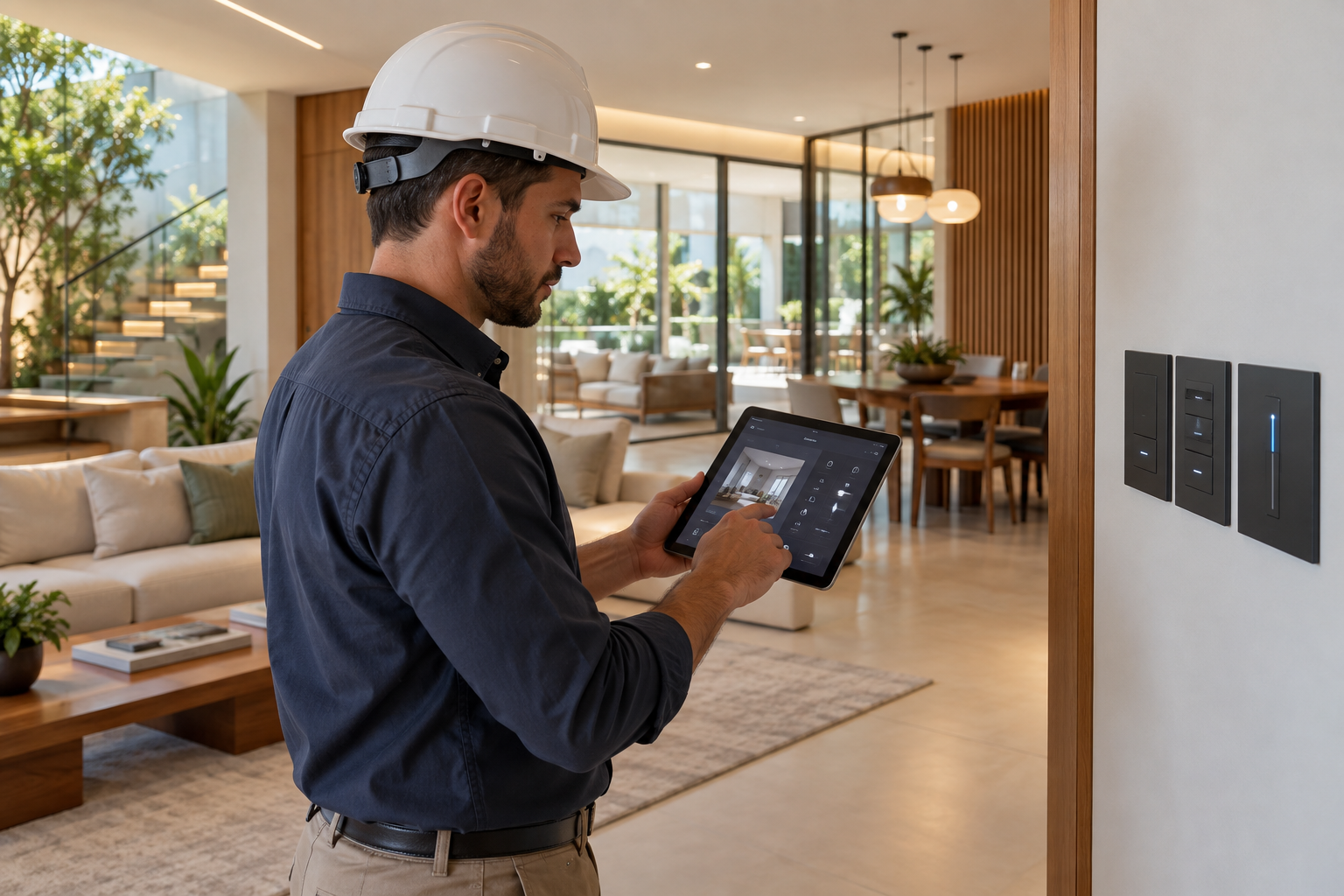 Engenheiro configura recursos de automação em uma residência