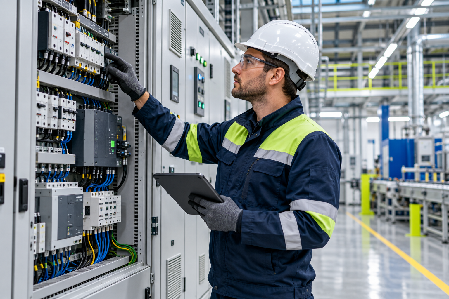Engenheiro inspeciona um painel elétrico industrial